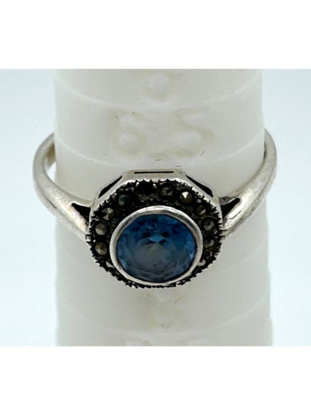 Vintage 925 Sterling Silver Blue Stone & Marcasite Halo Ring Size 6 - Picture 2 of 15
